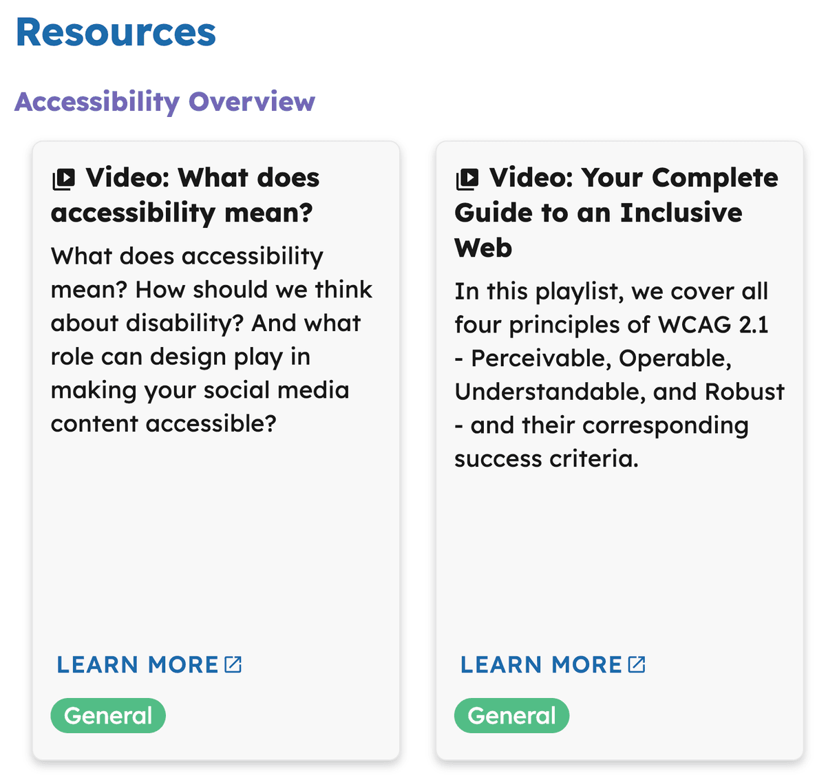 Screenshot of the resources page