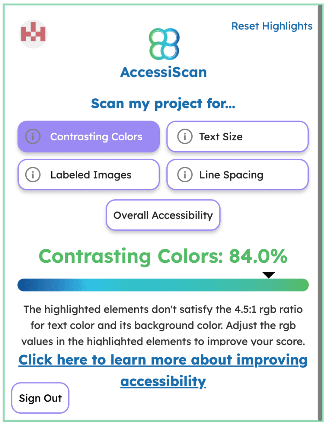 Screenshot of scanning our demo page for text size