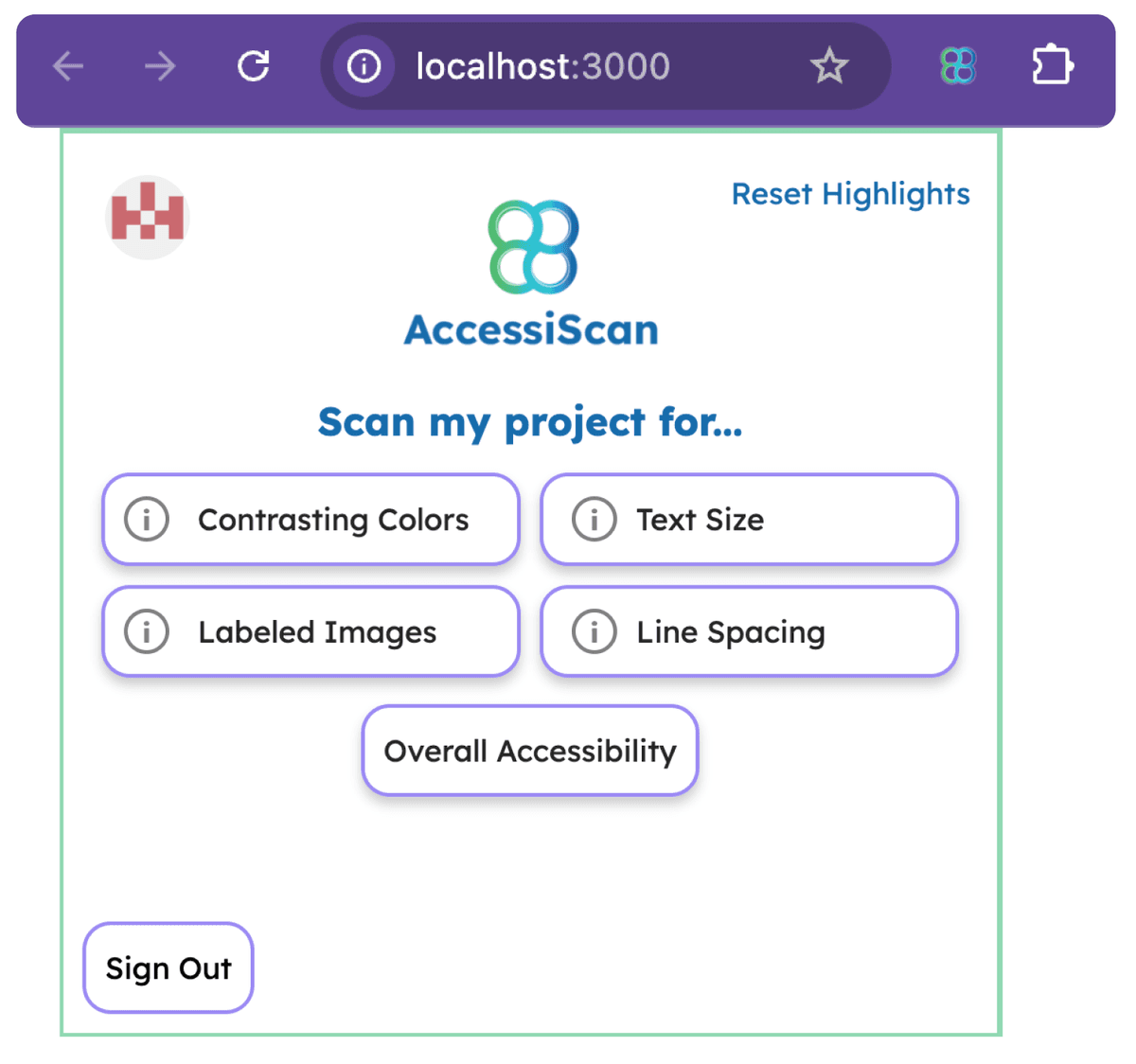 Screenshot of scanning on localhost